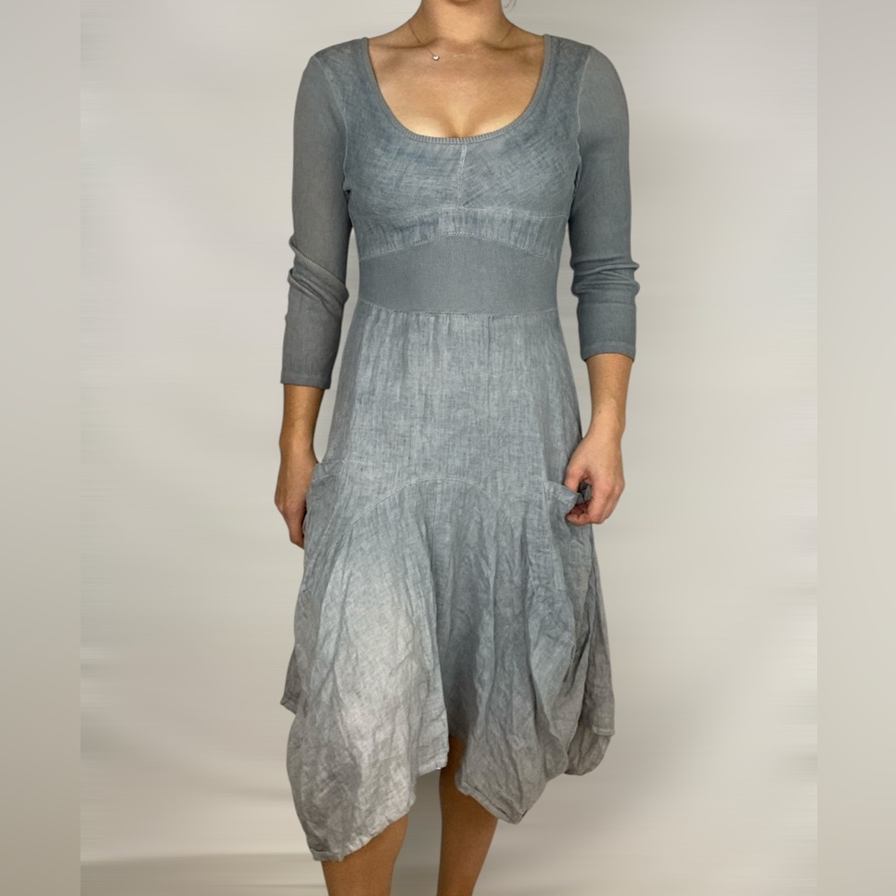 INIZIO Linen Cloverleaf Pocket Dress 100% Linen Lightweight MIDI